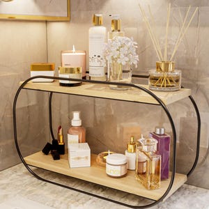 Oval Wooden Shelf: Gold Stainless Steel Bathroom Organizer
