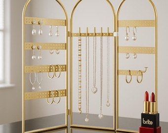 Gold Jewelry Stand: Foldable Earring Necklace Organizer