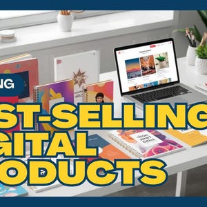 May include: A laptop displaying a website sits on a white desk surrounded by notebooks and journals. The image features the text "TRENDING BEST-SELLING DIGITAL PRODUCTS" in yellow and white. Small potted plants and stationery are also visible.