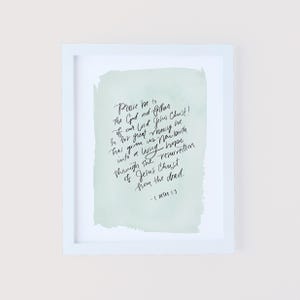 1 Peter 1:3 Hand-Lettered Watercolor Scripture Print | Christian Calligraphy Bible Verse Wall Art 5x7, 8x10, 11x14 Gift | Grace Notes Ltd