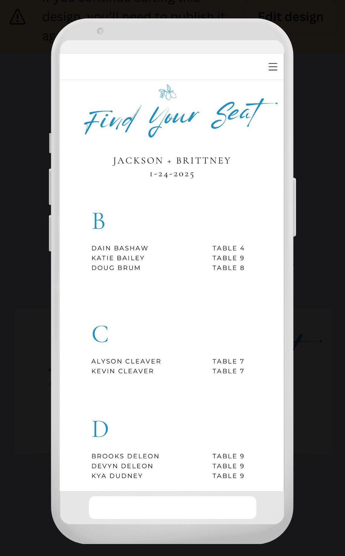 Digital Seating Chart With QR Code Sign Template, Wedding Alphabetical ...