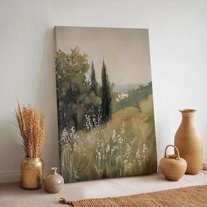 Pastoral Meadow Canvas Wall Art, Countryside Field Landscape Painting, Rustic Farmhouse Decor, Nature Scene Print, Framed Country Artwork