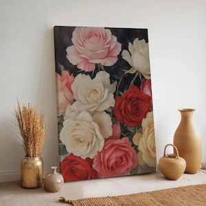 Romantic Rose Wall Art, Vintage Floral Canvas Print, Red Pink Cream Roses Artwork, Dark Botanical Flower Decor, Shabby Chic Wall Art