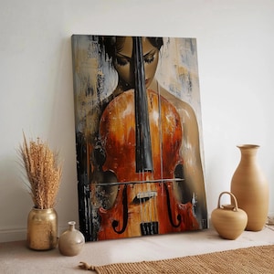Violin Woman Canvas, Emotional Music Painting, Framed Classical Instrument, Elegant Female Portrait for Music Room or Living Room Decor