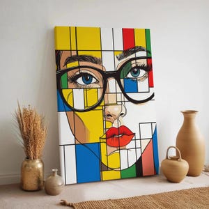 Pop Art Woman Canvas Wall Art, Mondrian Inspired Geometric Face Print, Colorful Abstract Female Portrait, Modern Framed Bold Graphic Decor