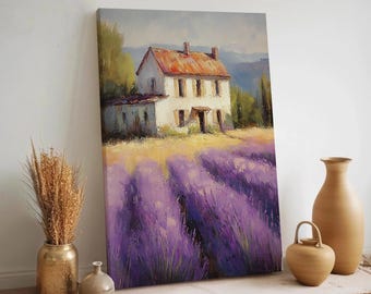 Lavender Field Landscape Canvas, Rustic French Farmhouse with Provence Cottage and Purple Flowers, Country Decor for Bedroom, Living Room