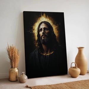 Dark Jesus Wall Art Canvas with Golden Halo, Sacred Christian Religious Painting, Framed Spiritual Decor, Gift for Prayer Room or Believers