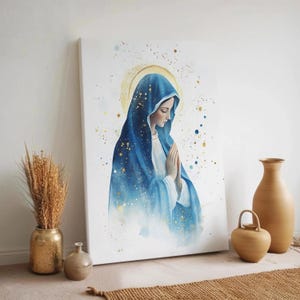 Watercolor Virgin Mary Canvas Wall Art, Blue Cloak and Golden Halo Prayer Design, Framed Catholic Spiritual Decor, Peaceful Gift for Home