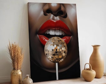 Lienzo decorativo con labios atrevidos y bola de discoteca, impresión de retrato glamuroso moderno para dormitorio o tocador, arte pop con labios rojos, decoración con un toque femenino.