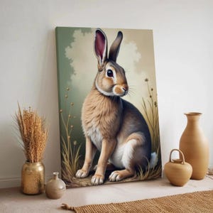 Woodland Rabbit Canvas Wall Art, Vintage Bunny Animal Print, Country Cottage Nature Decor, Cute Hare Art, Framed Bunny Illustration