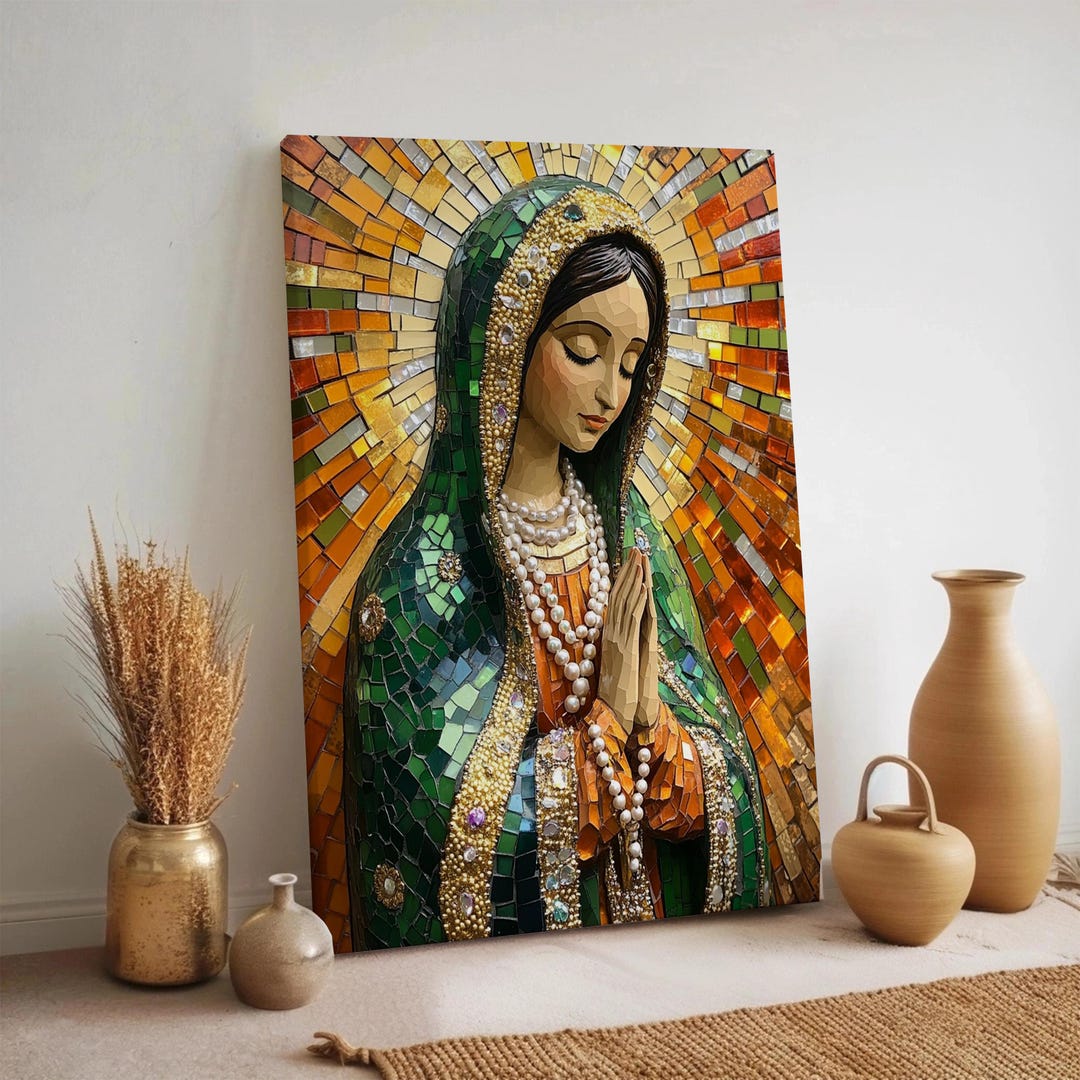 Our Lady of Guadalupe Mosaic Canvas Wall Art, Green and Gold Catholic ...
