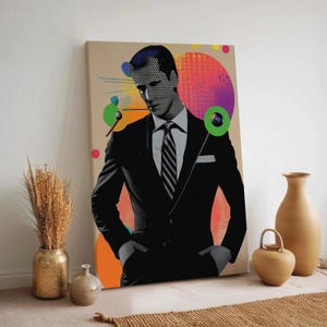 Pop Art Man Canvas Wall Art, Modern Abstract Male Portrait, Bold Graphic Suit Artwork, Colorful Framed Decor for Office, Bachelor Space