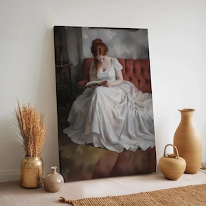 Romantic Reading Woman Canvas, Vintage Lady Wall Art Print, Classic Book Lover Poster, Elegant Redhead Portrait, Framed Feminine Painting