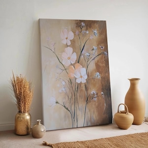 Neutral Floral Canvas Wall Art, Soft Beige Botanical Print, Minimalist Flower Painting, Elegant Framed Artwork, Rustic Nature Decor Gift