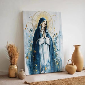 Watercolor Virgin Mary Canvas Wall Art, Blue and Gold Modern Religious Decor, Framed Catholic Gift for Prayer Room or Spiritual Interior