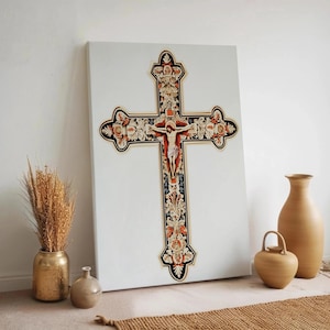 Jesus Crucifix Cross Canvas Art, Catholic Religious Wall Decor, Ornate Black Red Gold Christian Design, Framed Sacred Home or Church Gift