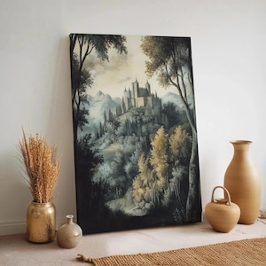 Castle in Forest Canvas Wall Art, Fairytale Mountain Landscape, Mystical Nature Scene, Neutral Fantasy Decor, Framed Dark Storybook Artwork