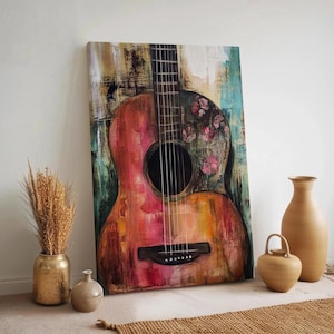 Abstract Guitar Canvas Wall Art, Colorful Acoustic Guitar Painting, Floral Music Room Decor, Framed Artistic Print for Cafe or Living Room