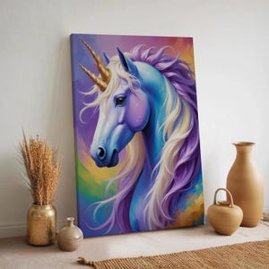 Rainbow Unicorn Wall Art, Magical Fantasy Horse Canvas, Purple Blue Pastel Girl Room Decor, Whimsical Framed Animal Artwork for Kids Room