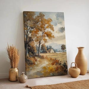 Autumn Landscape Canvas Wall Art, Golden Fall Trees and Cottage Painting, Warm Rustic Field Scene Print, Framed Neutral Country Nature Decor
