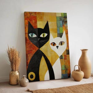 Geometric Cat Canvas, Black and White Cats Modern Painting, Colorful Abstract Animal Print, Framed Feline Art for Cat Lovers Home Decor