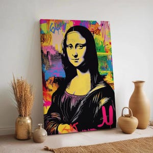 Graffiti Mona Lisa Leinwand Wandkunst, Pop Art Bunter Druck, Urban Street Style Kunstwerk, gerahmte Wanddekoration, modernes Pop Porträt