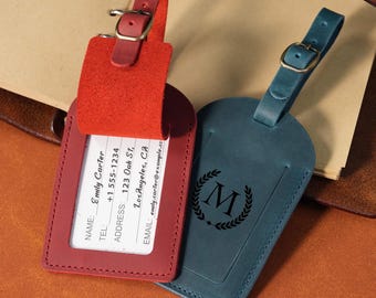 Étiquette à bagage en cuir personnalisée | Cuir pleine fleur Crazy Horse | Cadeau pour la fête des pères | Anniversaire | Accessoire de voyage pour cadeaux de mariage