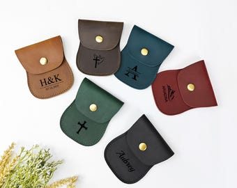 Custom Leather Rosary Pouch, Personalized Coin/Card Holder, Leather Coin Purse, Small Earphone Case, First Communion Gift, Gift for Mom/Dad