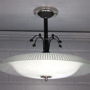 Vintage 1950&#39;s MCM Retro Flush Mount Ceiling Light Fixture with Glass Shade Black Nickel Lighting 14 1/2&quot; Long