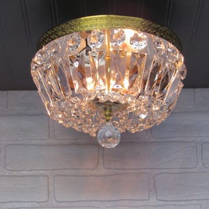 Vintage Crystal Chandelier Basket Beaded Bowl Ceiling Light 7 1/2&quot; Long by 10&quot; Diameter