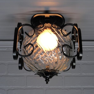 Vintage 1960&#39;s MCM Semi Flush Mount Black Wrought Iron Glass Light 8 1/2&quot; Square