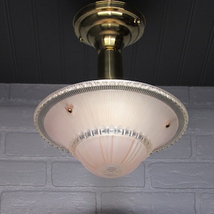 1930&#39;s Art Deco Semi Flush Mount Ceiling Light Pink Glass Shade Deep Brass Fixture 11 1/2&quot; Drop