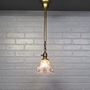 Early Electric Style Pendant Light Socket Antique Brass 1910's Gill Glass Light Shade 26" Long