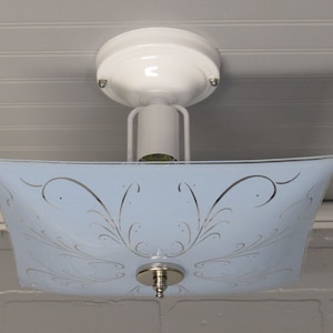 Vintage Art Deco Retro Semi Flush Mount Ceiling Light, White Fixture Blue Glass Shade 12&quot; Diameter 10.5&quot; L Hall Light Foyer Light