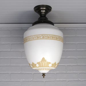 Vintage Large Art Deco Semi Flush Mount Ceiling Bronze Ornate Milk Glass Shade  20&quot; Long
