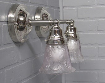 Pair Vintage Art Deco Vanity Light  Bathroom Wall Sconces Nickel with Lavender Glass Shades