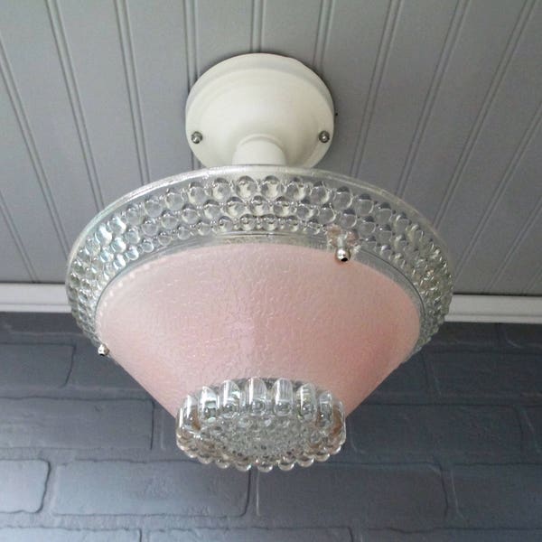 Vintage Art Deco Pink Petite Semi Flush Mount Chandelier Ceiling Light Fixture Pink Hobnail Glass  Shade 11 1/4" Drop (Length)