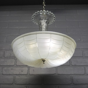 Vintage 1940&#39;s Art Deco Ceiling Light Cream Hobnail Glass Shade 25 1/2&quot; L