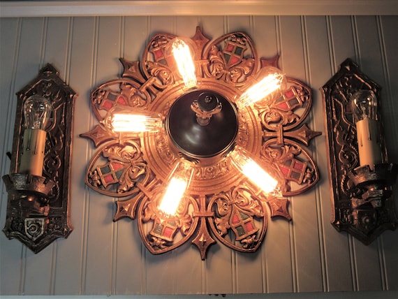 Antique Cast Bronze Gothic Flush Mount Ceiling Light Set Etsy