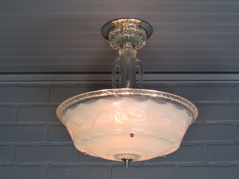 ORIGINAL NEW 3 chain brass LIGHT FIXTURE ART DECO VTG ANTIQUE 3 HOLE GLASS SHADE 