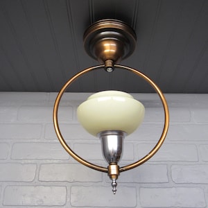 Vintage Art Deco Copper & Chrome Ceiling Light Fixture: Czech Glass Shade