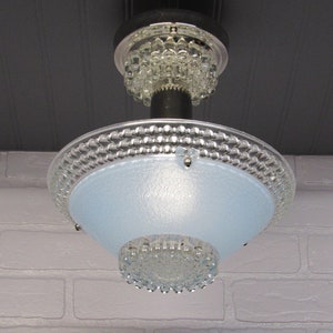 Vintage Art Deco Semi Flush Mount Light Nickel 11&quot; Drop (Length) Blue Hobnail Glass Shade