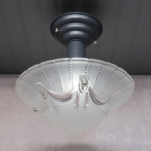 1930&#39;s Art Deco Semi Flush Mount Ceiling Light Three Chain Light Glass Shade Blue Gray Fixture