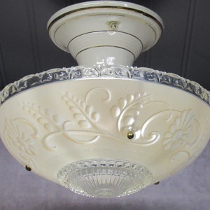 Vintage Art Deco Semi Flush Mount Ceiling Light Fixture Porcelain Ivory Light Fixture 9 1/2" Drop (Length)