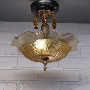 1930s Art Deco Iris Ceiling Light: Amber Carnival Glass Shade