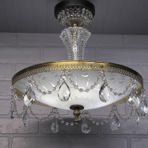 Vintage Art Deco Floral Ceiling Light - Brass & Frosted Glass