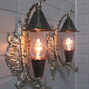 RARE Pair Vintage Arts and Crafts Gothic Storybook Slip Shade Sconces