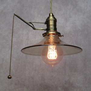Early Electric Style Pendant Light with Pull Chain Socket Antique Gold Smoked Glass Shade 36" Long