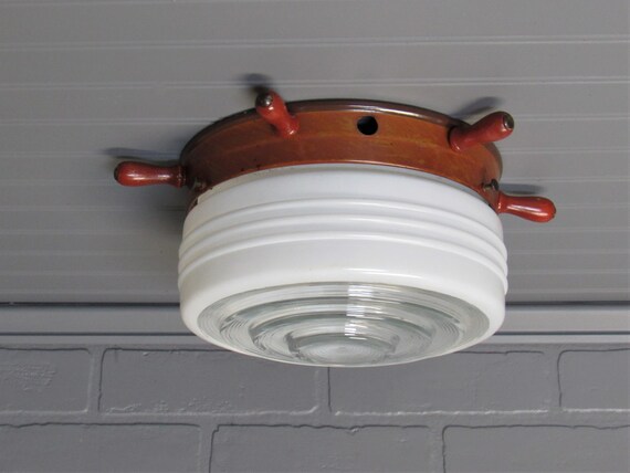1940 S Art Deco Retro Flush Mount Ceiling Light Nautical Ship S Wheel Glass Shade 12 Diameter Kitchen Or Bathroom Light