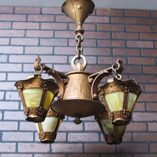 1920's Copper Arts and Crafts Chandelier 29 1/2" Long Mission Leaded Glass
